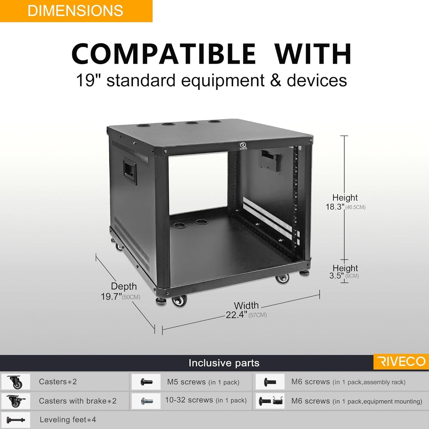 RIVECO 9U Network & Audio Rack with Feet & Wheels, Obtuse Angel Server Rack Cabinet, Rolling Studio Rack Case with Adjustable Depth Rails for 19" Stereo Recording & IT Equipment Mounting 1PCS