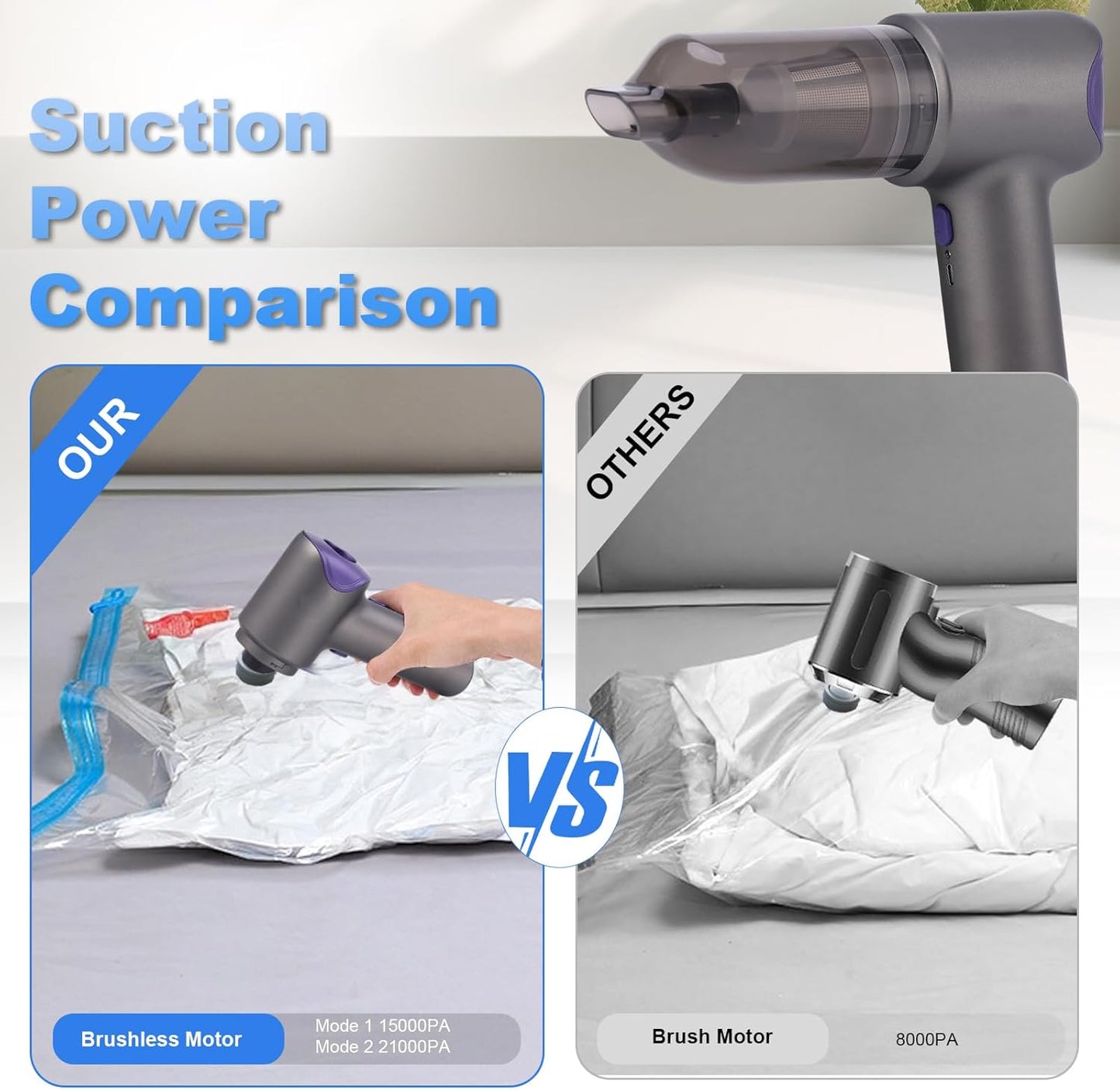 Car Vacuum Portable Cordless, 21000PA 4 in 1 Suck/Blow/Pump/Charger 120W Handheld Car Vacuum Cleaner and Air Duster, Brushless Motor Multi-Nozzles for Home Office Grey