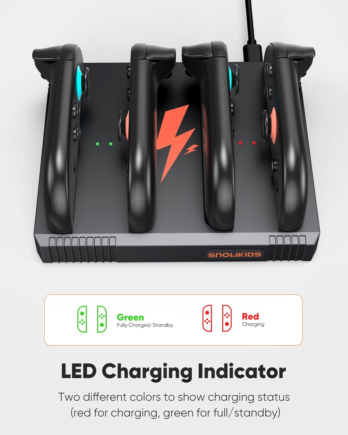 Snowkids Charging Dock Compatible for Nintendo Switch 2 Joy-Con Controllers - Simultaneous Fast Charger Station, Magnetic, Reversible Connection, Overcharge Protection & LED Indicators