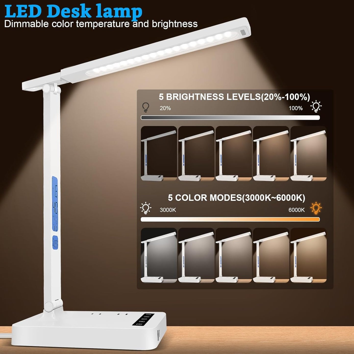 Smart Desk Lamp with Dual USB Charging (Type-C/USB-A) & 2 AC Outlets, Digital Clock, Temperature Display, 5 Color Modes, 5 Brightness, Adjustable - for Office, Bedroom, Dorm Room, Study