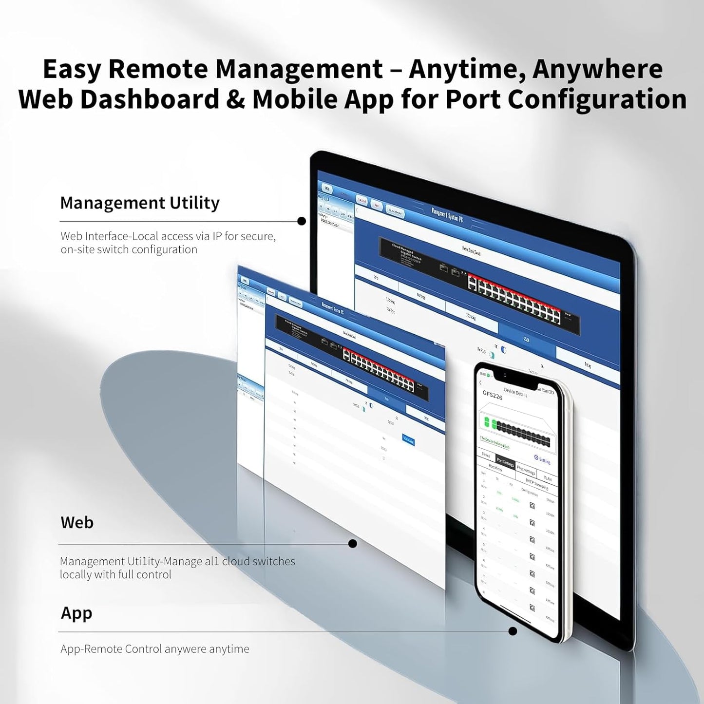 STEAMEMO 26-Port Gigabit Ethernet Switch | Smart Managed with 2 SFP Slots | QoS & VLAN Support | Rackmount/Desktop Metal Network Switch | Plug & Play Setup(Includes Power Adapter)