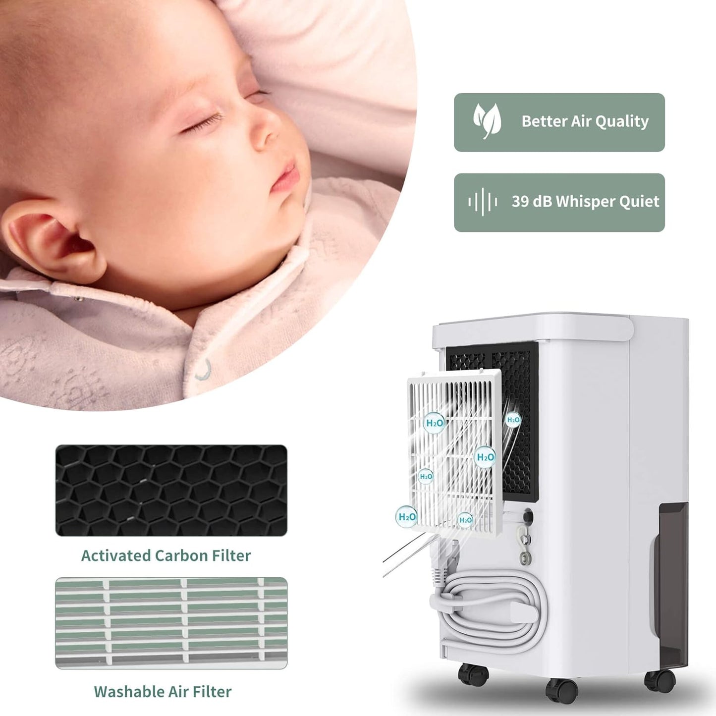 Uhome 30 Pint Dehumidifier - for Basement with Activated Carbon Filter,Ultra Quiet, Humidity Sensor, Auto Shut Off, Continuous Drainage Hose - Ideal Dehumidifiers for Home, 1500 Sq Ft Dehumidifiers