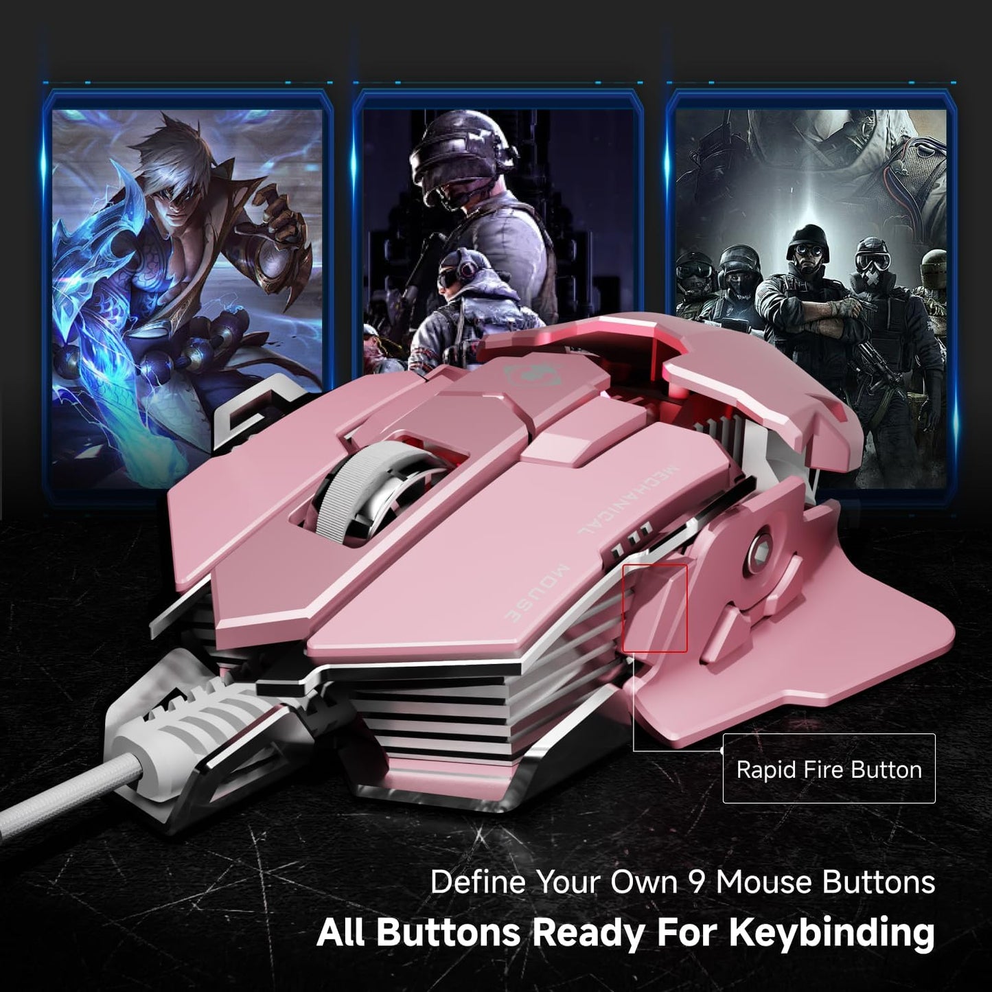 EWEADN G5 Wired Gaming Mouse, Ergonomic RGB Computer Mouse, 12800 Adjustable DPI, 9 Programmable Macro Buttons with Rapid Fire Key Compatible for PC/Laptop/Windows-Pink