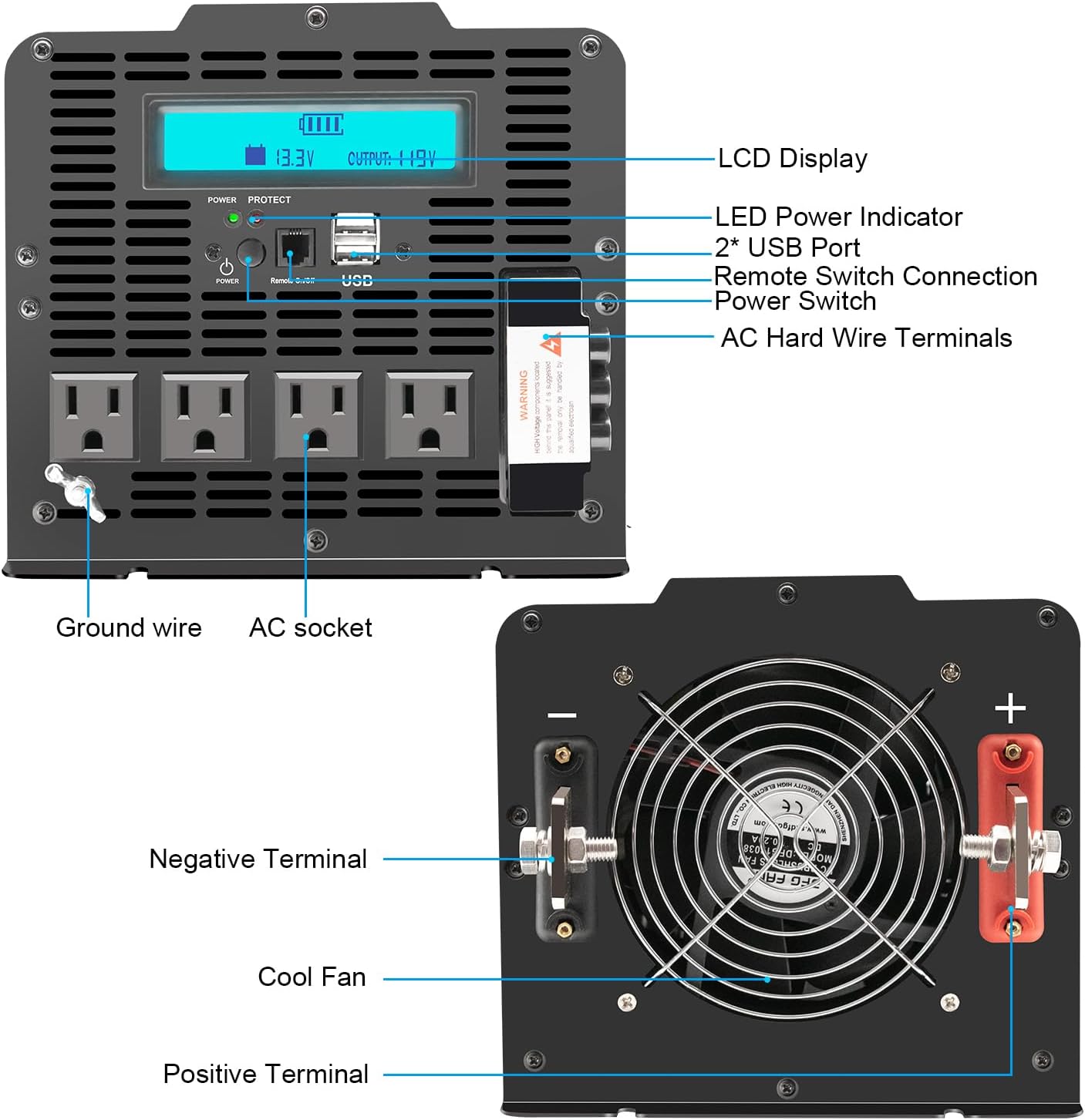 Power Inverter 5000 watt 12v to 110v /120V Inverter for car Vehicles Truck Camping Solar Panel Power Converter Adapter with Clamps and Remote Inverter 5000W