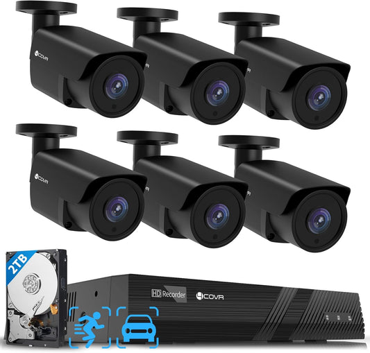 4COVR 4K PoE Security Camera System & AI Human Vehicle Detection, 8 CH 8MP NVR 2TB HDD, 6Pcs 8MP Wired Commercial Bullet IP Camera IP67 Night Vision, 24/7 Home Surveillance Outdoor, LY37EB8M0806