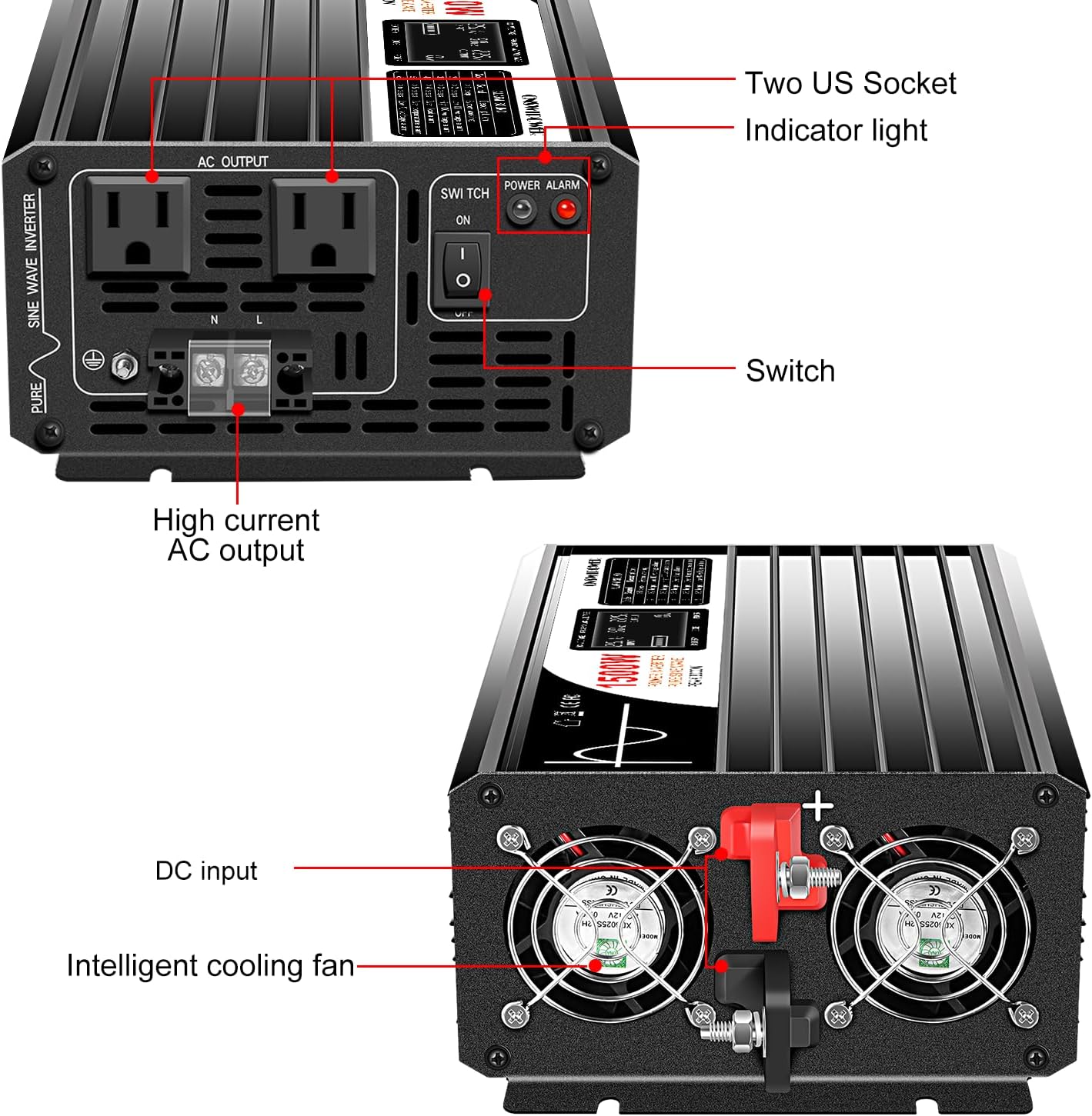 Xijia 1500W (Peak Power 3000W) Pure Sine Wave Inverter DC 60v to 120v Inverter 60HZ Solar Converter for Home Use car (DC60V (Range 50V-75V) 1500W)