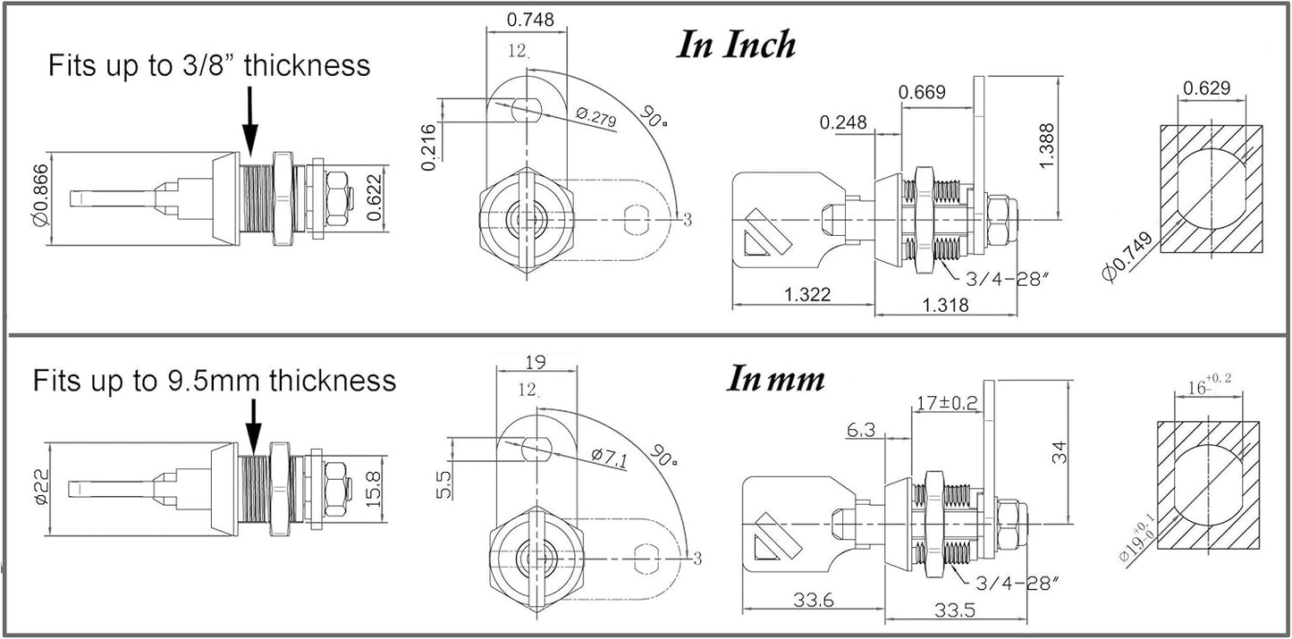 Admiral Locks Tubular Cam Lock, Keyed Alike Removable Key RV Compartment Storage Lock Cabinet Locks (Black Pack of. 25, 5/8" 90°)
