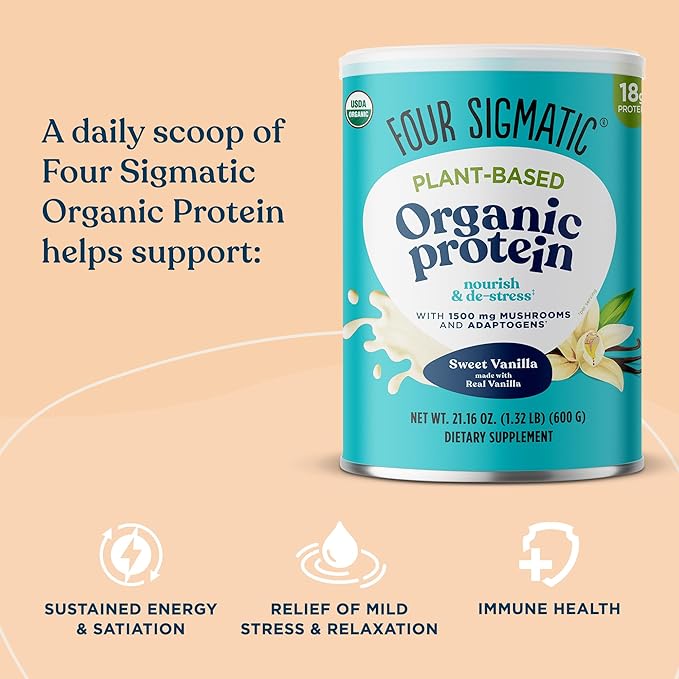 Four Sigmatic Organic Vegan Protein Powder | 18g Plant-Based Protein per Serving | Gluten Free, Dairy Free, Soy Free, Non-GMO with No Filler Ingredients | 21.16oz, 15 Servings | Sweet Vanilla