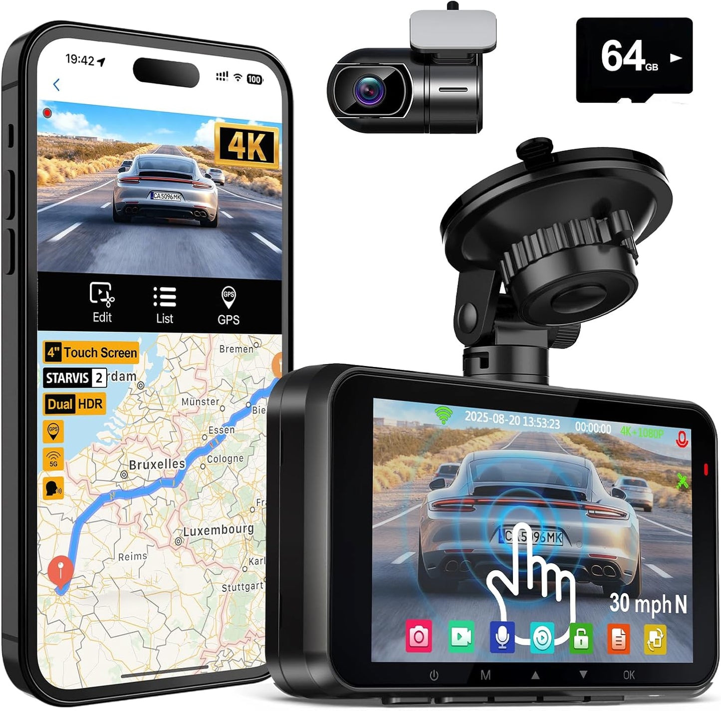 4K Dash Cam Front and Rear STARVIS 2 IMX675 & IMX307 Dual HDR, 4" Touch Screen Dash Camera Built-in GPS 5G WiFi, Car Camera with 64G Card, Voice Control, Night Vision, Parking Mode V100-2CH