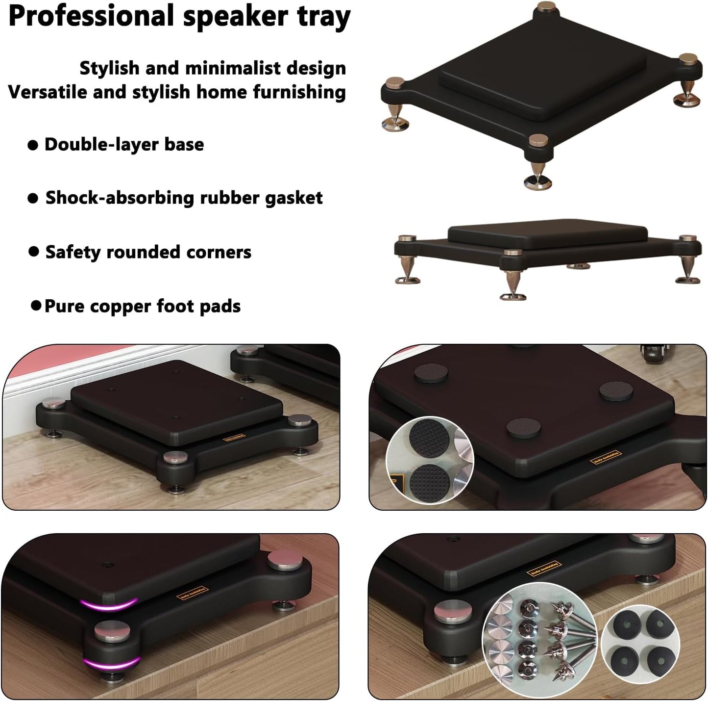 2pcs Subwoofer Isolation Stand, Double-Layered Speaker Isolation Stands with Stainless Steel Metal Feet, Acoustic Speakers Isolation Pad for Floor, Desktop (9.8×11.8in)