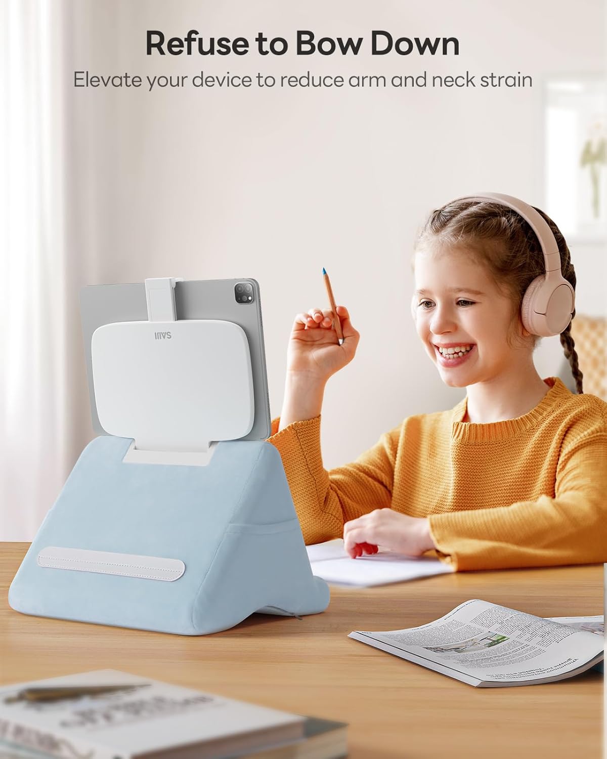 SAIJI Tablet Kindle Stand Pillow - iPad Holder for Lap Reading in Bed, with Lifter & Angle Adjustable Multi-Function Clip for 4-13" Tablets, iPad, Kindle, Phone, Blue