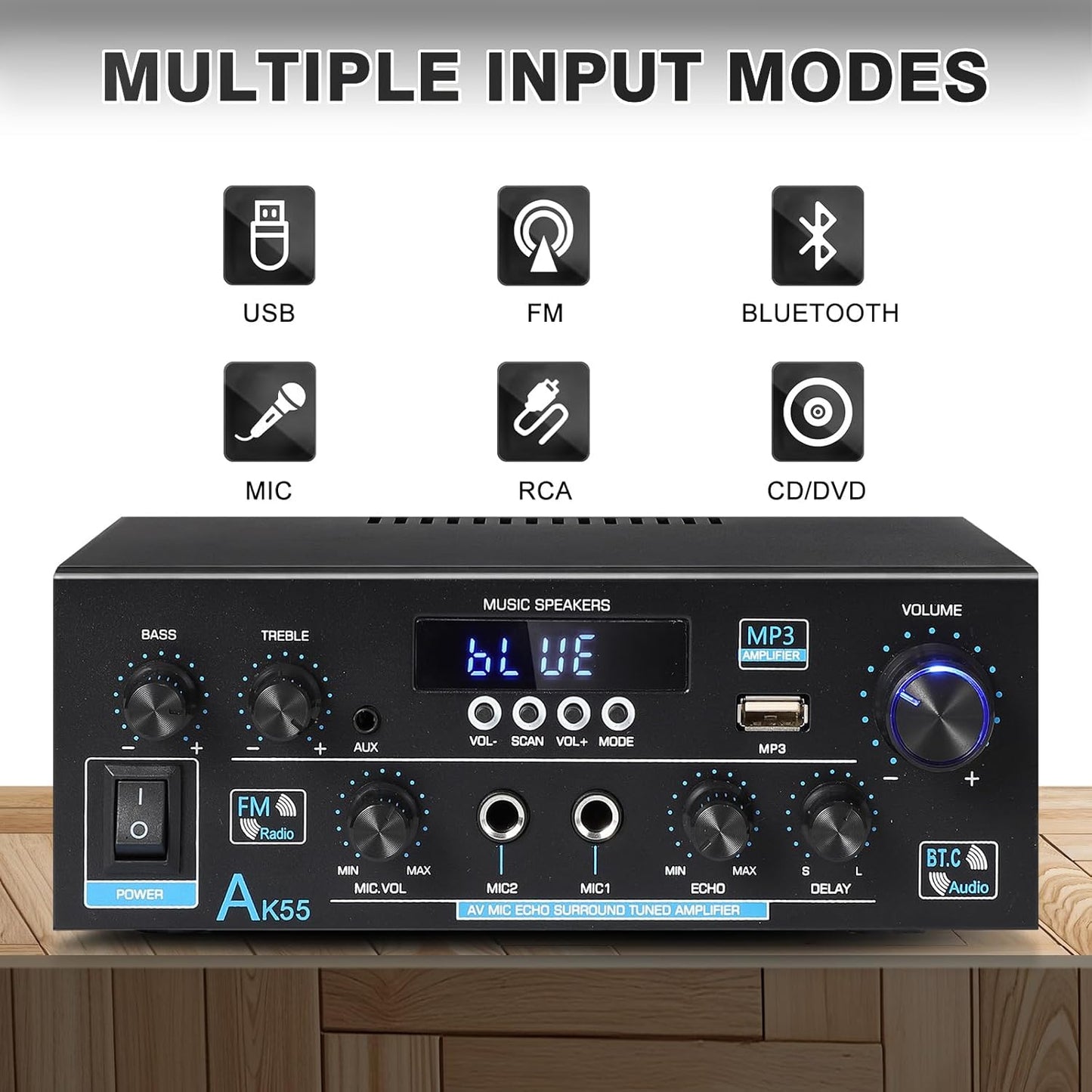 AK55 Bluetooth 5.0 Amplifier Home Audio,2.0 Channel Max 450W Power Stereo Amplifier Receiver w/USB/AUX/RCA/Opt/COA /2 MIC in for Home Theater Speakers