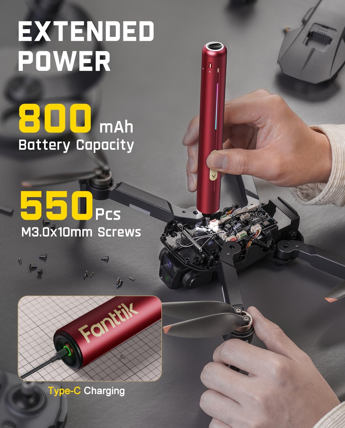 Fanttik E2 Ultra Mini Electric Screwdriver, Cordless Screwdriver, Max 0.6N.m, 50 Magnetic Bits, 5/32'' Hex, Magnetic Storage, Repair Tool for Electronics, Camera, Laptop, and PC Build (Red)