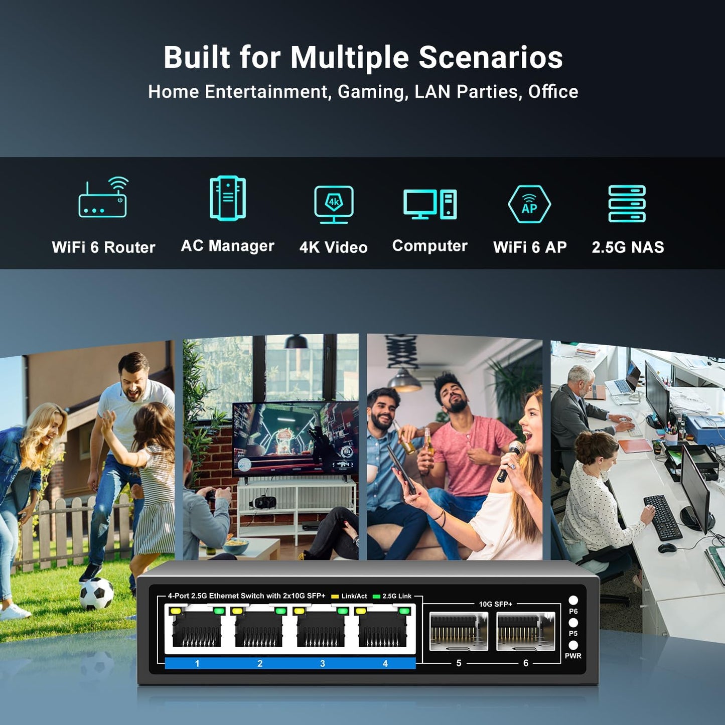 6 Ports 2.5Gb Unmanaged Ethernet Switch with 4* 2.5G Base-T Ports, 2* 10G SFP+ Ports. 2.5Gbps Network Switch for 2.5Gbps NAS/PC, WiFi6 Router, Wireless AP. Fanless Design, Plug and Play
