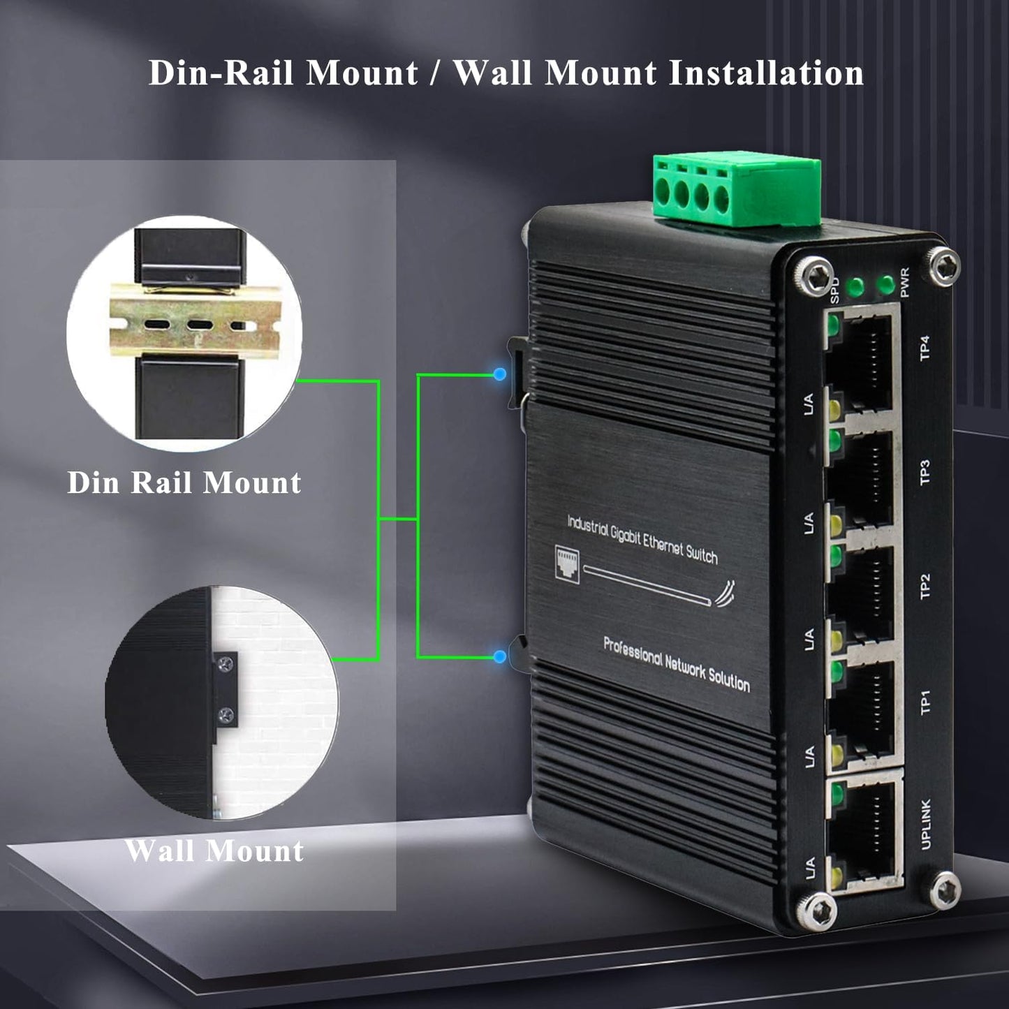 Mini 5-Port Gigabit Ethernet Switch -Industrial Grade Unmanaged Network Switch with 12-48VDC Power Input，Din-Rail or Wall Mount,Plug and Play (-40°F to 176°F) ,Fast Connection,Rugged Metal Case