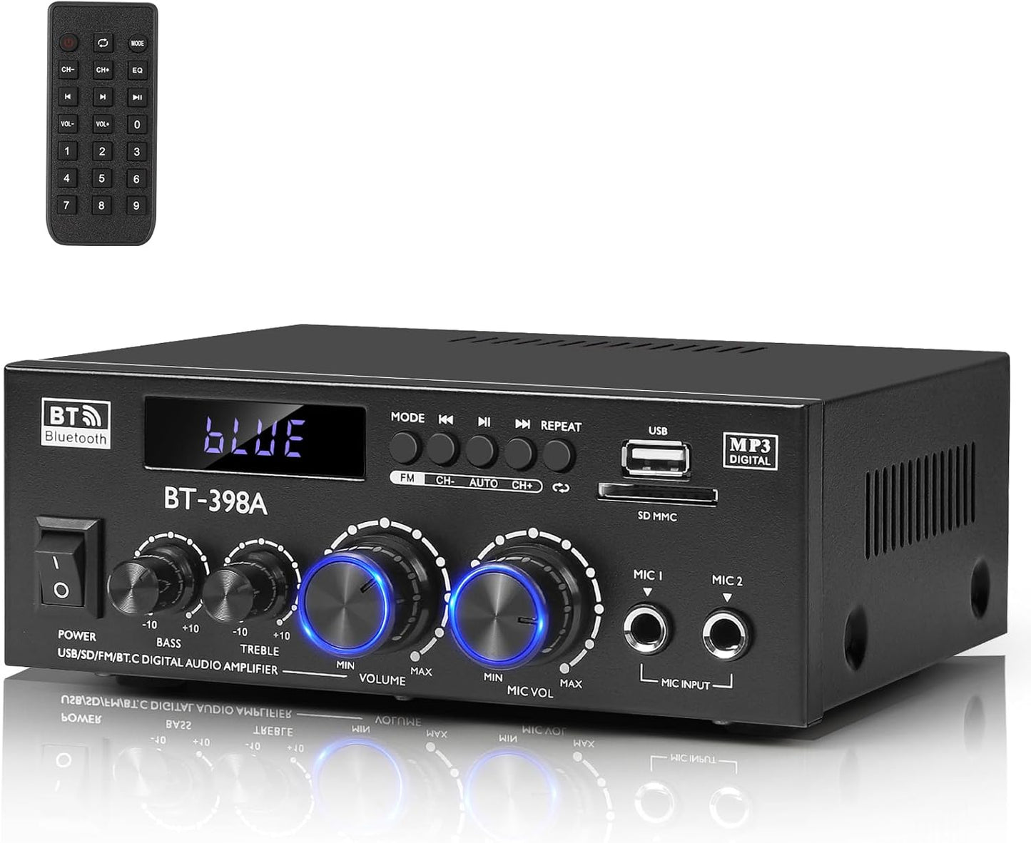 Romica Stereo Audio Amplifier, 2 Channel 450W x2 Bluetooth 5.0 Home Theater Power Amplifier with FM Radio, USB, SD, Optical & Coaxial Inputs, Amplifier for Passive Speakers and Active subwoofer