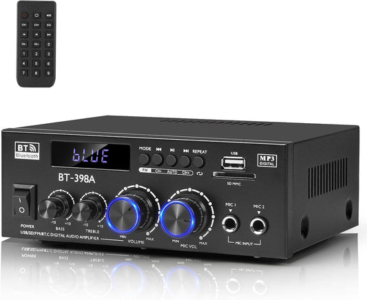 Romica Stereo Audio Amplifier, 2 Channel 450W x2 Bluetooth 5.0 Home Theater Power Amplifier with FM Radio, USB, SD, Optical & Coaxial Inputs, Amplifier for Passive Speakers and Active subwoofer