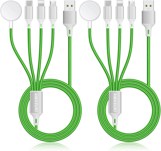 2Pack Travel Essentials Multi Charging Cable for Watch Charger 4 in 1 Fast Charger Camping Essentials USB C/L/Micro Compatible with Watch Series 10-1/SE/Ultra Phone 16 15/Galaxy Android-4FT/Green