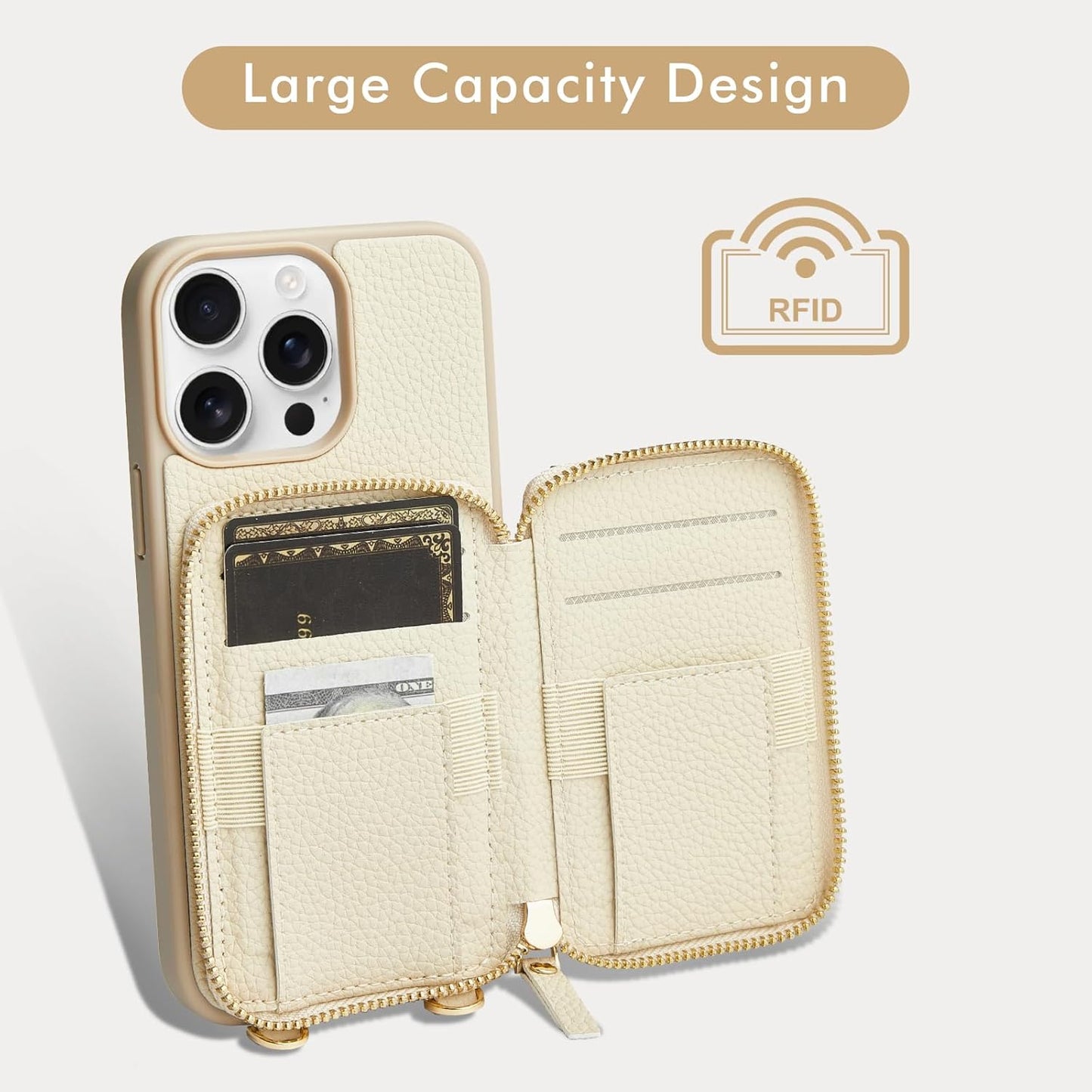 LAMEEKU for iPhone 15 Pro Max Wallet Case with Credit Card Holder, Zipper Leather Crossbody Case with Phone Grip Holder Stand for Women for iPhone 15 Pro Max 6.7 inch Beige