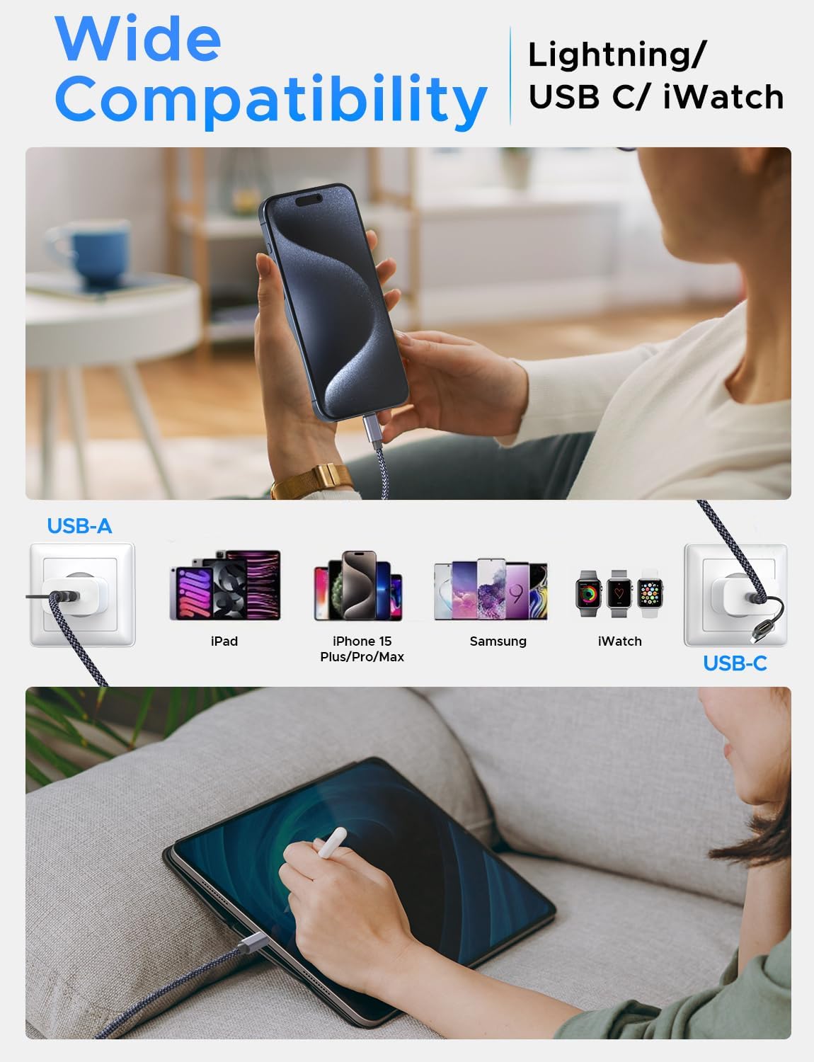 Multi Charging Cable for Apple Watch Charger iPhone Charger PD20W USB C/A Block Fast Charging Compatible with iWatch Ultra/SE/10/9/8/7/6/5/4/3/2/1 & iPhone 16/15/14/13/12/Galaxy S23-4FT