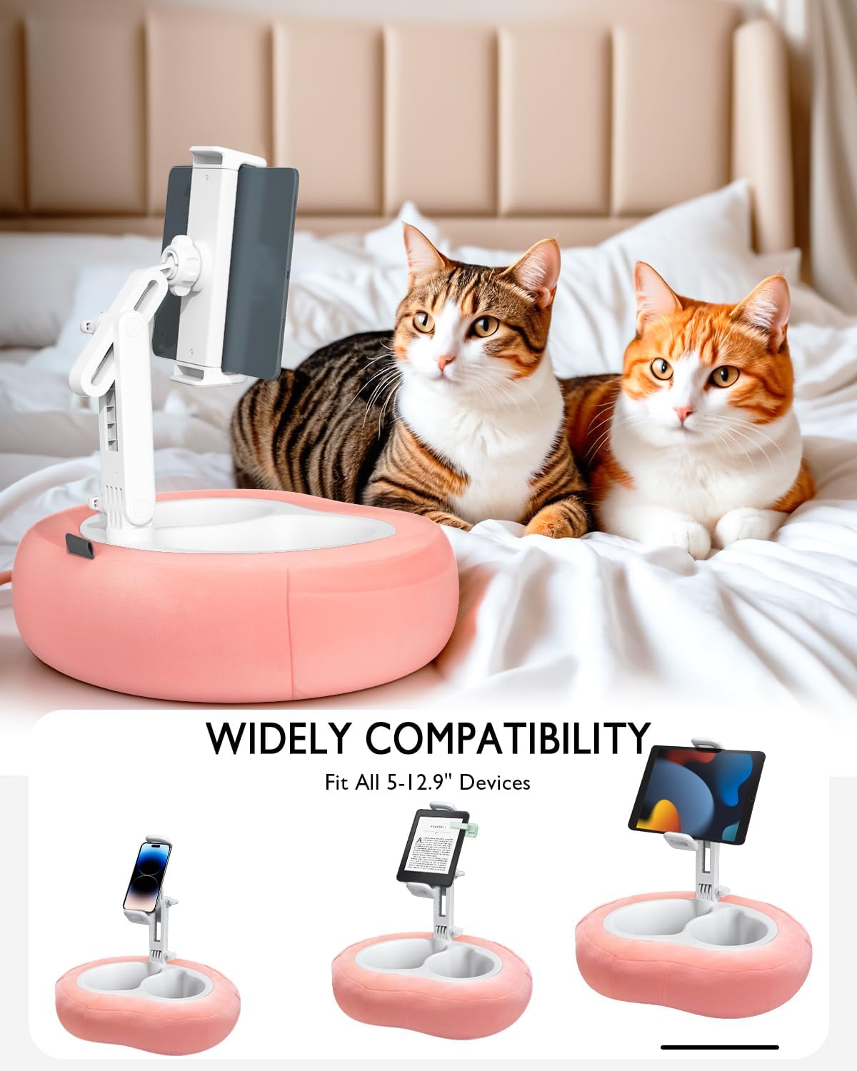 Tablet Pillow Stand, Compatible with 5"-12.9" Kindle, iPad, Phone/Tablet, Google, Samsung, 360° Rotating Phone Holder for Bed, Soft Plush Fabric, Detachable Bowl, Reading and Relaxation on Bed, Pink