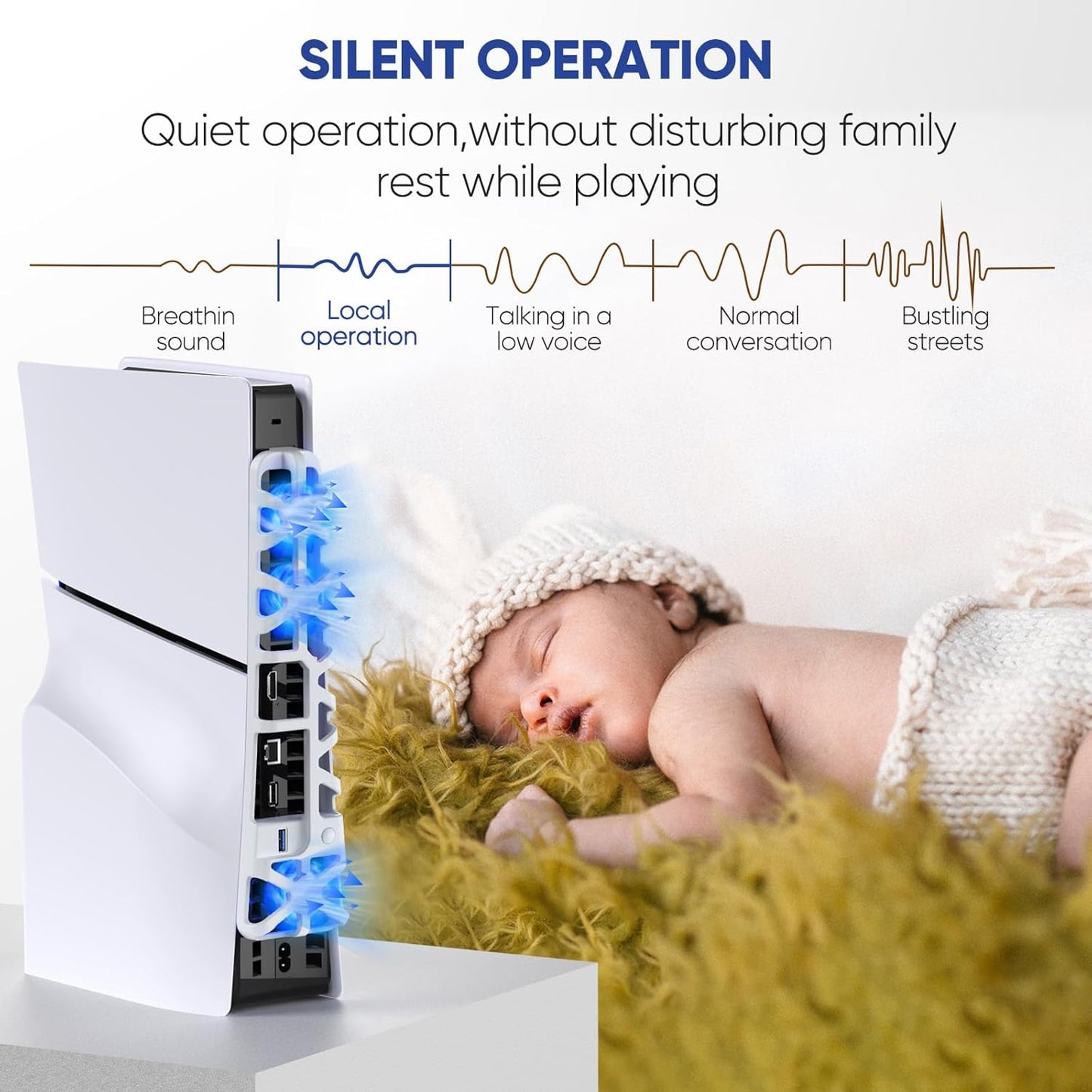 PS5 Slim Cooling Fan with Adjustable Speed - 3 Mode Speeds, Low Noise, Auto Power On/Off, with USB 3.0 Port, LED Light, Efficient Cooling System for PS5 Disc and Digital