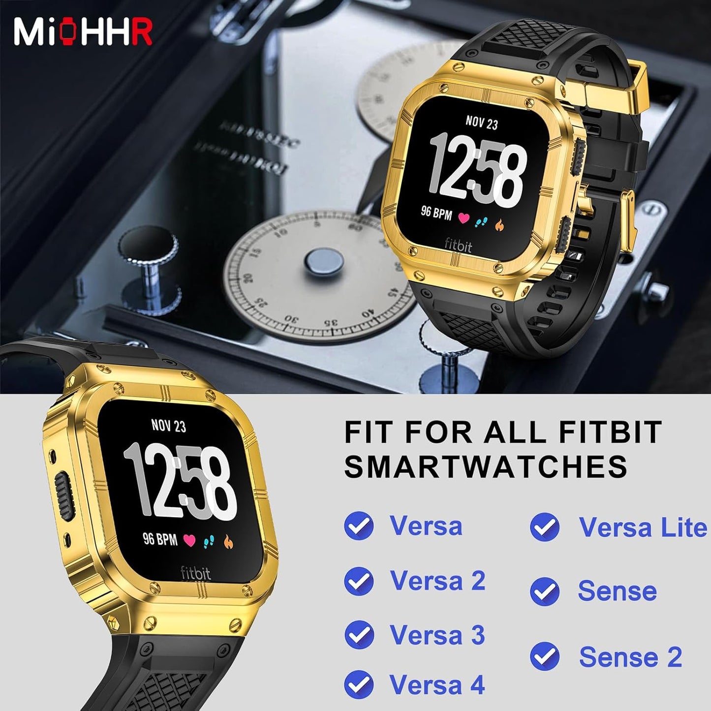 MioHHR Stainless Steel Case and Band Compatible with Fitbit Versa 4/3/2/Lite/Sense/Sense 2 Bands with Metal Case, Rugged Sports Protector Cover Silicone Wristbands for Men, Gold