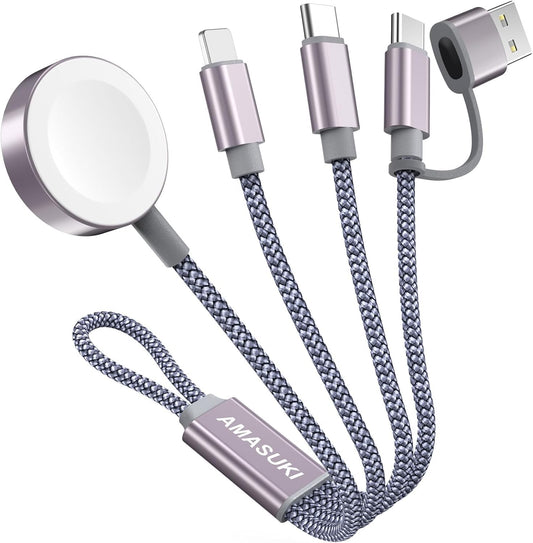 Short 8inch 3 in 2 USB C Cable for Apple Watch Charger iPhone Charger USB C Multi Fast Charging Cable Compatible with iWatch Ultra/SE/10/9/8/7/6/5/4/3/2/1 & iPhone 16/15/14/13/12/11/Galaxy S23