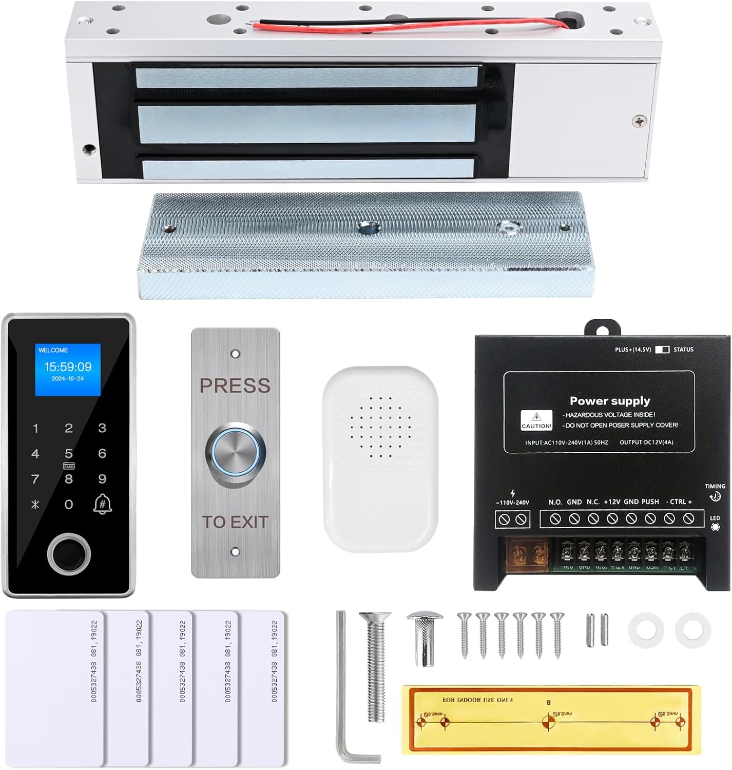 Waterproof Electric Magnetic Fingerprint Door Access Control Kit - 1200 lb Holding Force, RFID Keypad/Reader, 5 ID Cards, 110V Power Supply & Metal Exit Button - Secure Lock System (K5EM-1200LB KIt)