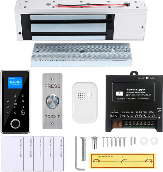 Waterproof Electric Magnetic Fingerprint Door Access Control Kit - 1200 lb Holding Force, RFID Keypad/Reader, 5 ID Cards, 110V Power Supply & Metal Exit Button - Secure Lock System (K5EM-1200LB KIt)
