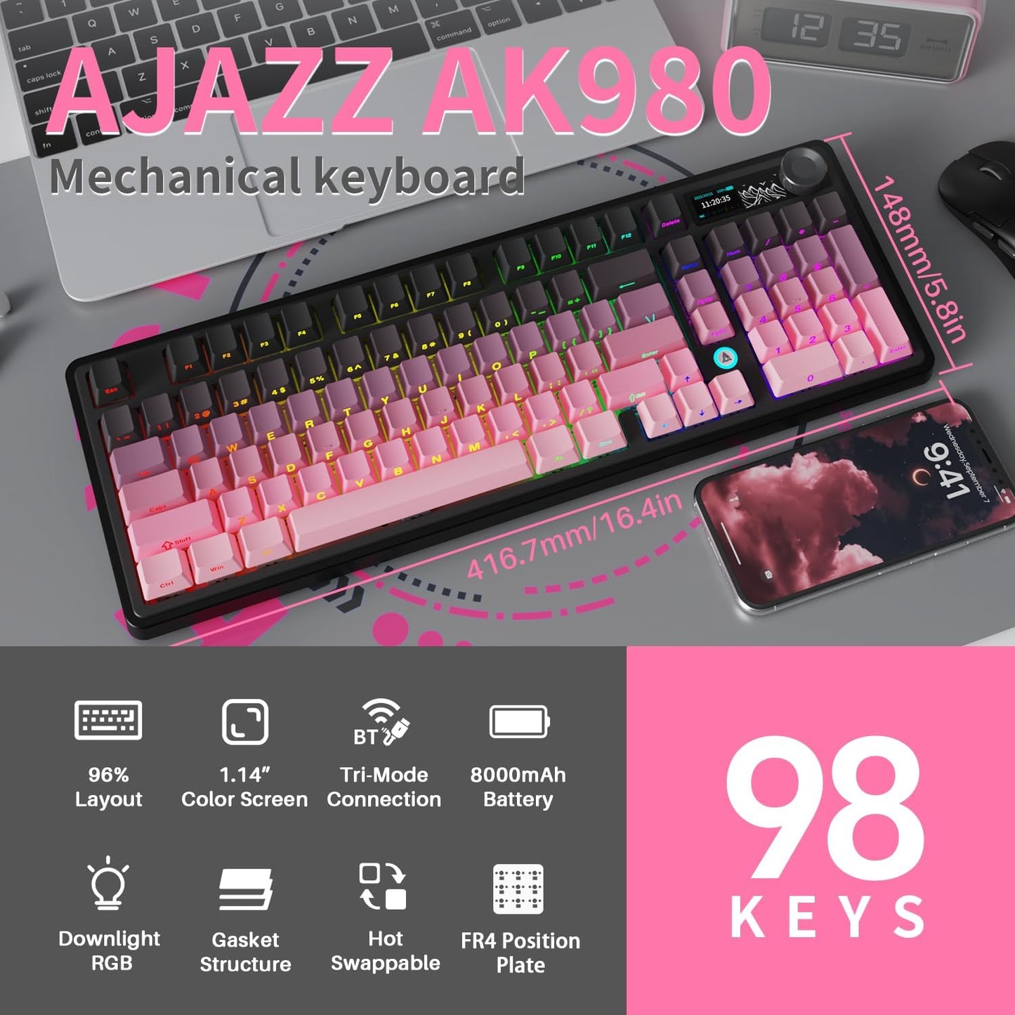 NACODEX Ajazz AK980 Pink Gaming Machanical Keyboard Gift Switch Full Size RGB Gasket Mount 8000mAh Triple Modes Custom Keyboard with Five Layer Pad | Knob Control