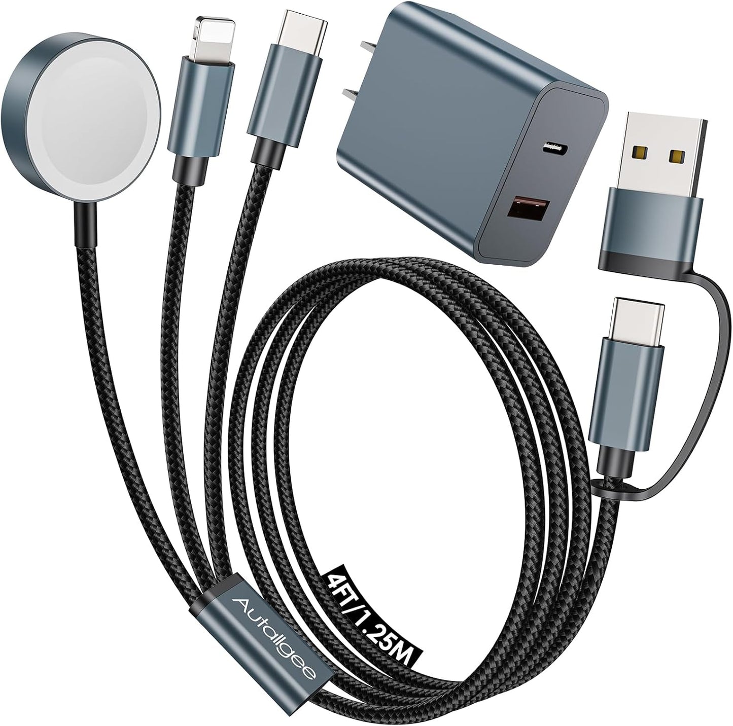 4FT Multi Fast Charging Cable for Apple Watch Charger 3 in 2 USB C Cable Travel Essentials PD20W Charger Block, Compatible with iWatch Ultra/SE/10/9/8/7/6/5/4/3/2/1,iPhone 16/15/14/13/Galaxy S23