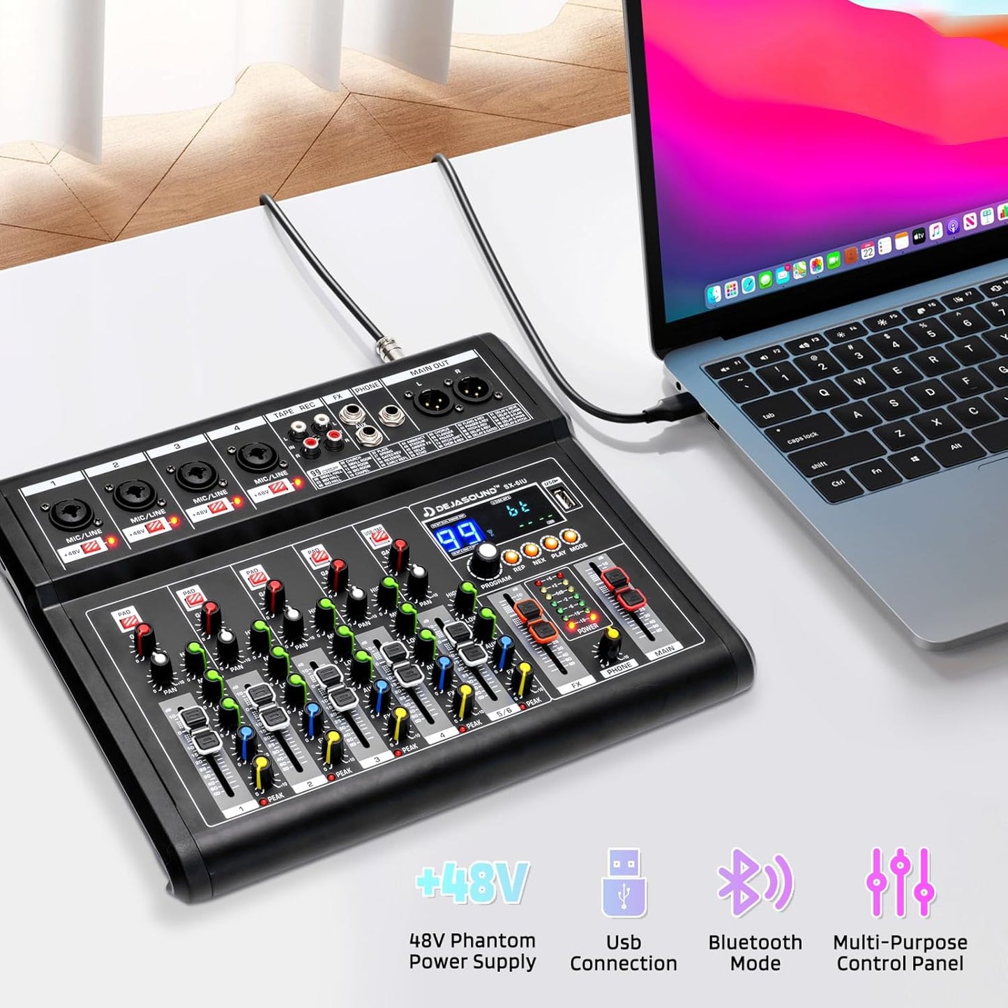 8-Channel Audio Mixer for PC,SX-8iu Mixing Console with XLR Inputs, Bluetooth, 99 Digital Signal Processor Effects, USB Interface, MP3 Compatible for Podcast, Music, Recording 9.84"x2.17"x15.35"inches
