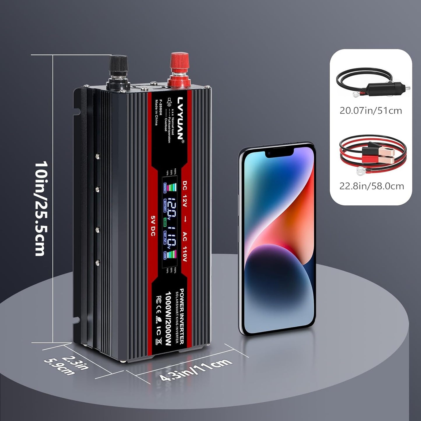 LVYUAN 1000W Car Power Inverter 12V to 110V DC to AC with 2 US Sockets, Cigarette Lighter, LCD Display, USB Ports for Car, Home,Outdoor, Camping