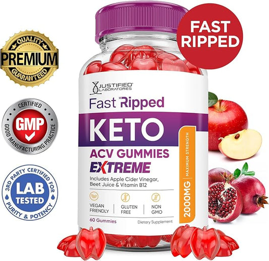 (2 Pack) Fast Ripped Keto ACV Gummies Extreme 2000MG Fast Ripped Keto Gummies Apple Cider Vinegar Formulated with Pomegranate Beet Juice Powder B12 Vegan Non GMO 120 Gummys
