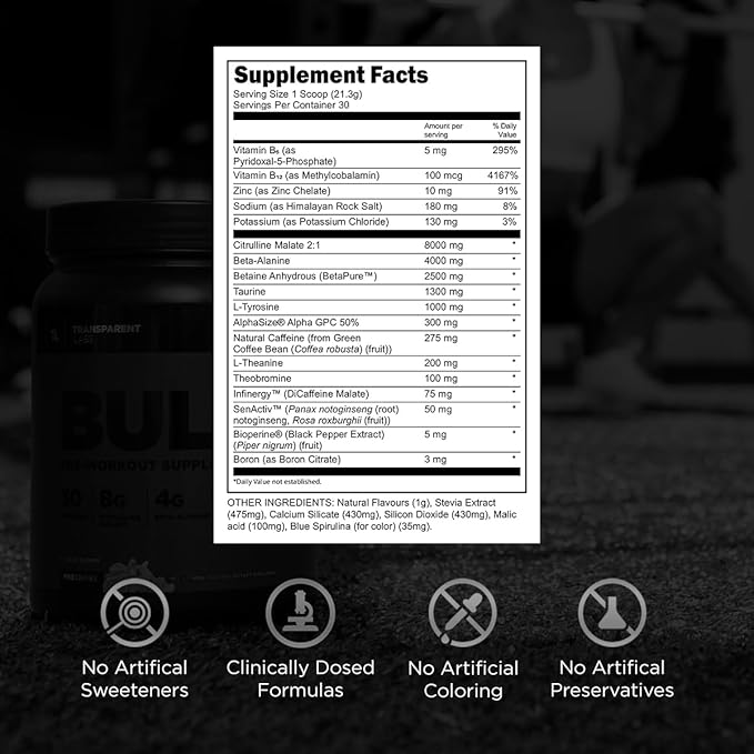 Transparent Labs Bulk Black Pre Workout - Clinically Dosed, Naturally Sweetened Preworkout for Men and Women with Beta Alanine Powder, Citrulline Malate, & Caffeine Powder- 30 Servings, Blue Raspberry