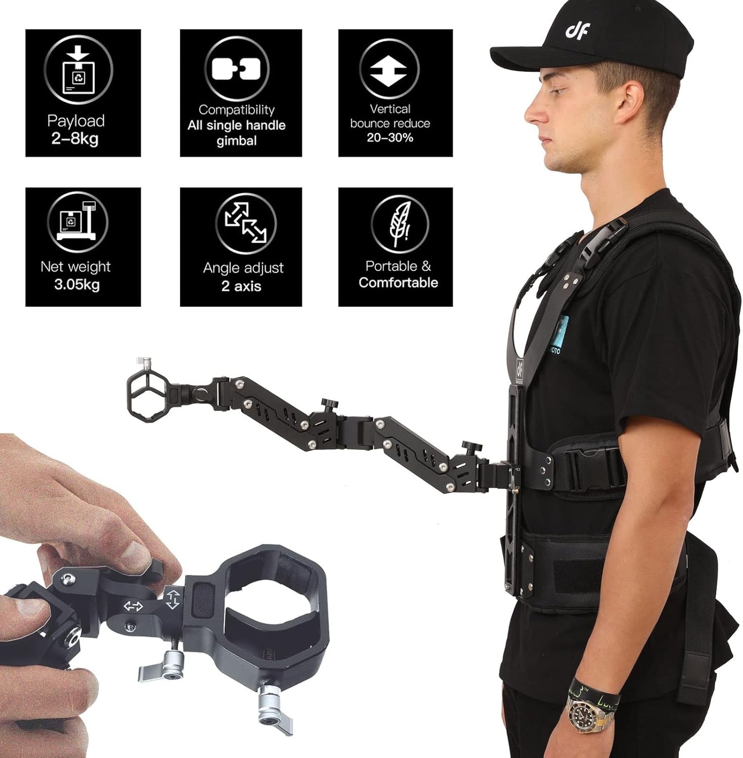 DF DIGITALFOTO THANOS-SE Support Vest Rig System,Filmmakers Kit Gimbal SteadyCam Axis Compatible with DJI RS4/RS 4 Pro/RS2/RS 3 PRO Mini,ZHIYUN Crane 3S for Videographer Smoothing footage 4.4-17.6 lbs