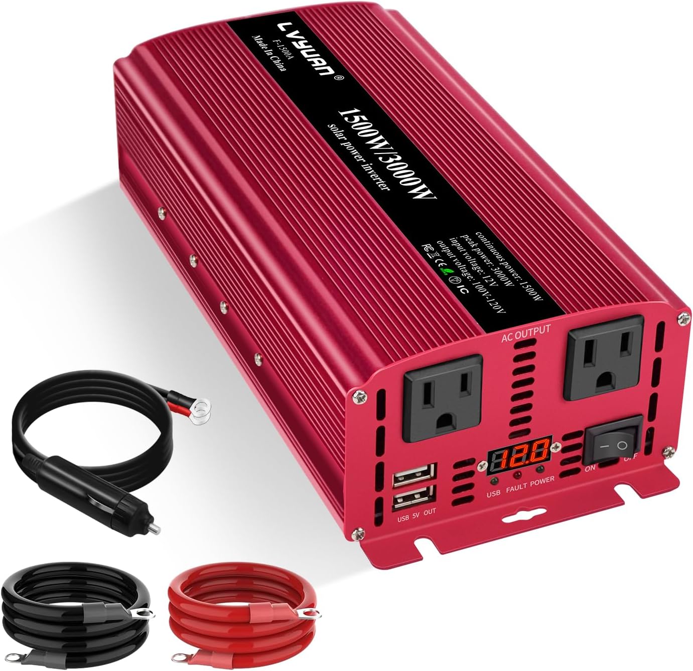 Yinleader 1500 Watts Car Power Inverter 12V to 110V,DC to AC Converter Dual AC Outlets and Dual 3.1A USB Ports for RV Caravan Truck Laptop Camping