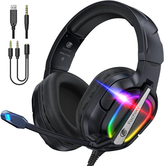 FC200 Foldable Gaming Headset for PS4, PS5, PC, Xbox, Switch - Wired Gaming Headphones with ENC Mic && RGB Light
