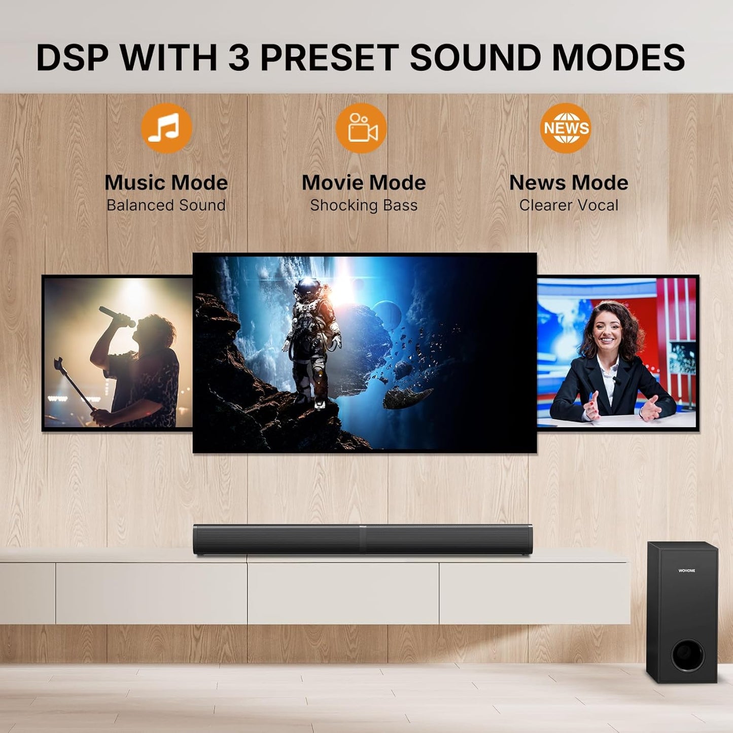 Wohome 2 in 1 Detachable Sound bar with Subwoofers, 4.1 Channel Bluetooth Sound Bar for Smart TV, Home Theater Surround Sound System, Optical, AUX, USB Input, Bass Adjust, Remote/Button Control