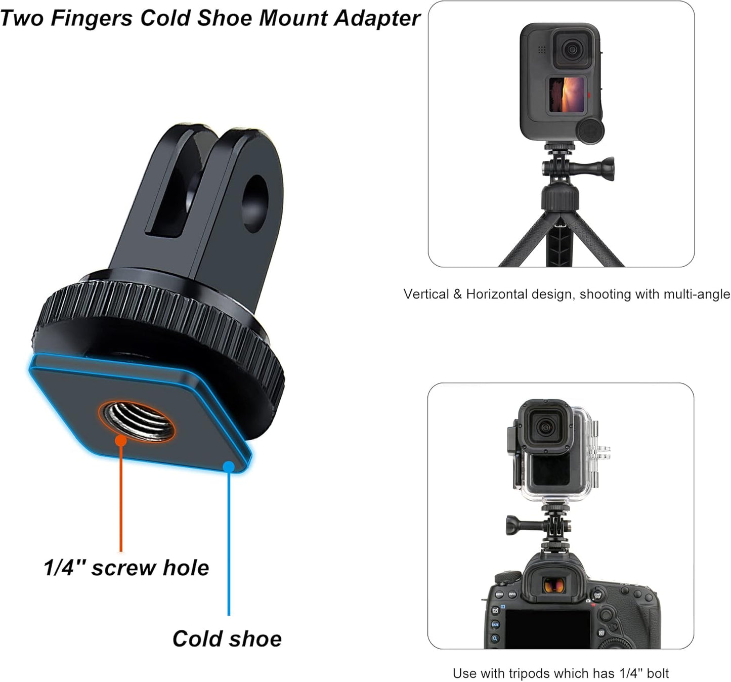 SOONSUN Tripod Mount Kit with 1/4"-20 Conversion Adapter and Cold Shoe Mount with 1/4" Thread, Compatible with GoPro Hero 13 12 11 10 9 8 7 6 5, DJI Osmo, AKASO, SJCAM, Insta360, DSLR Cameras