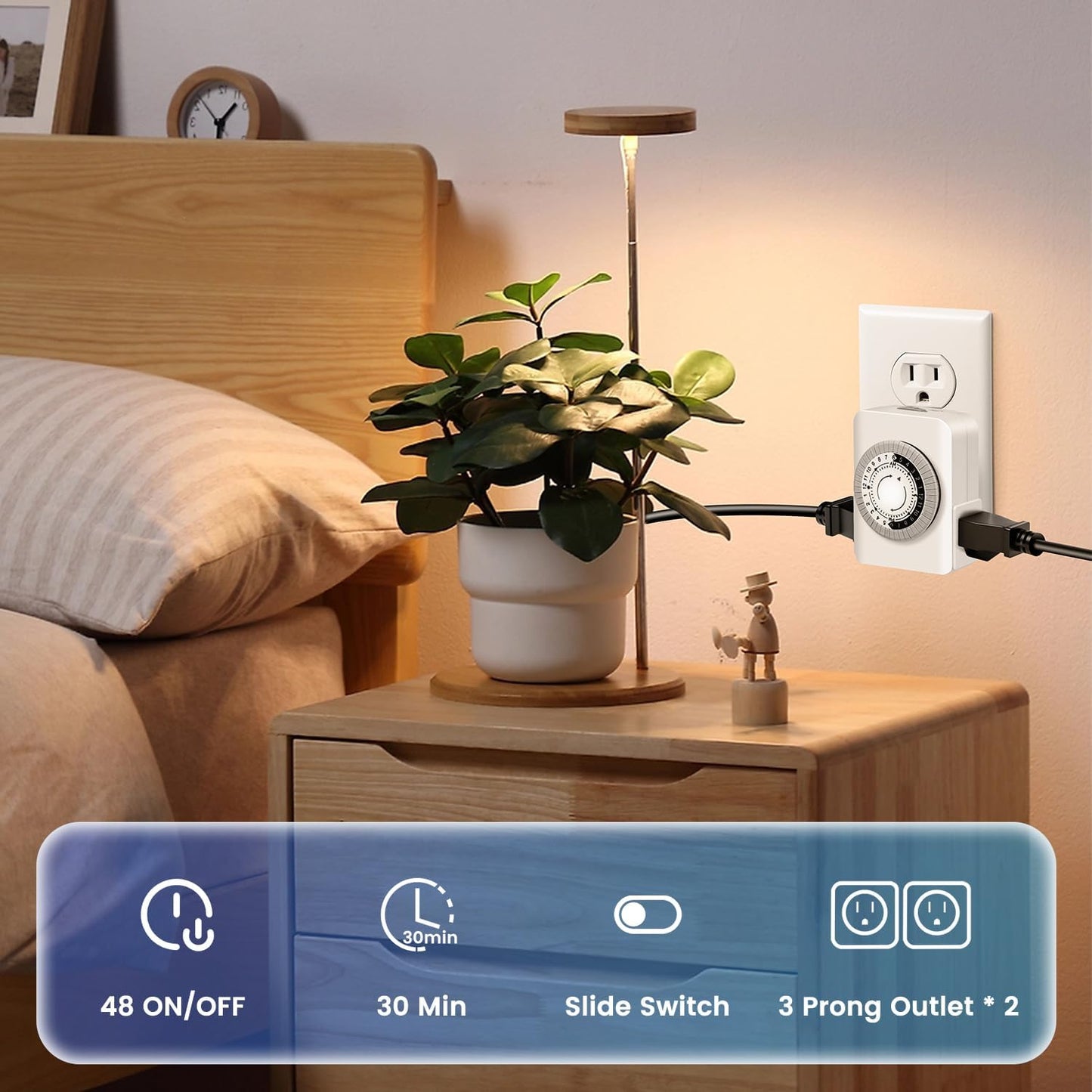 Timers for Electrical Outlets Indoor, AaiVrylliz 3-Prong Dual Outlet Timer,24-Hour 30 Minute Daily On/Off Cycle, Plug-in Mechanical Timers for Christmas Lights, Lamps, Grow Light