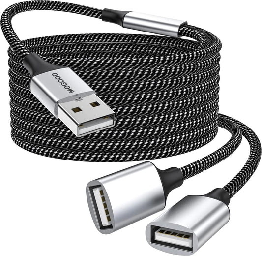 USB Extension Cable,USB A Male to 2 Female Extension Cord Durable USB Splitter Cable Nylon Braided Fast Data Transfer Compatible with Printer, USB Keyboard, Flash Drive, Hard Drive, PlayStation