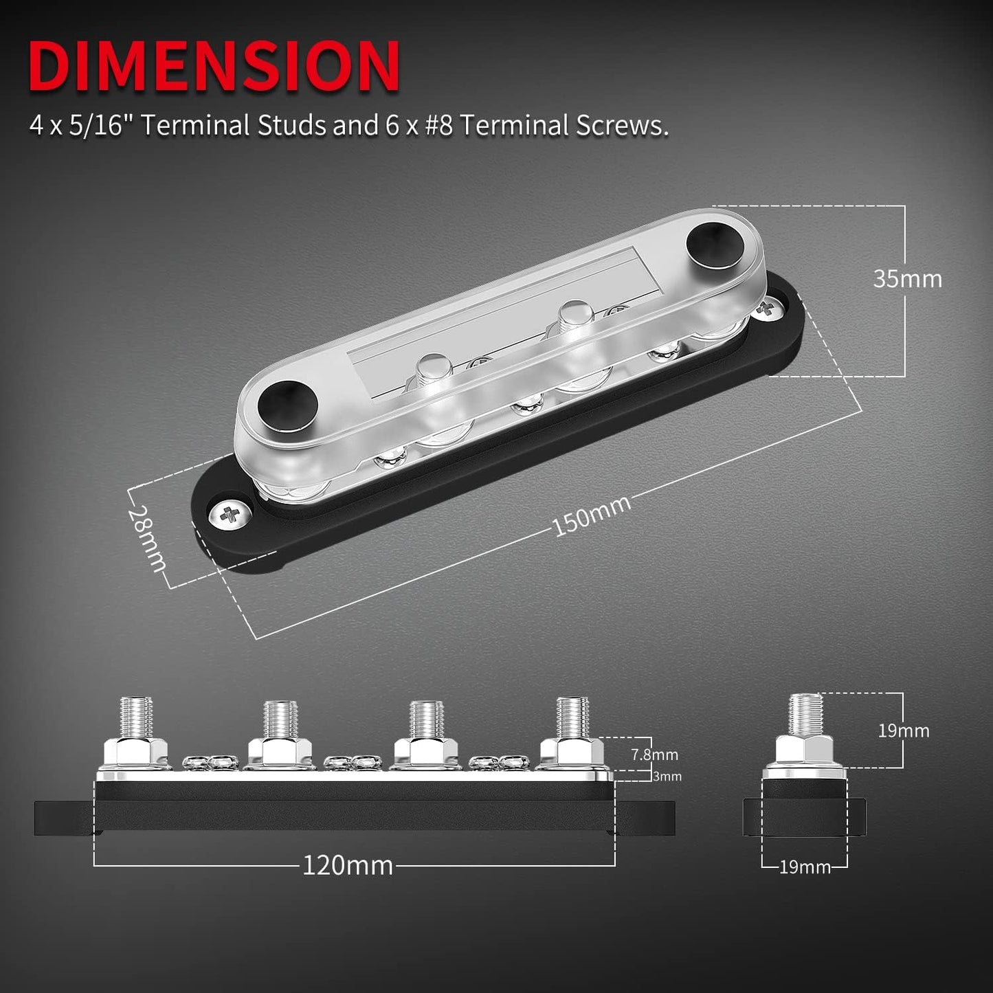 DAIERTEK Negative Bus Bar 12V Marine 4 x 5/16" (M8) Terminal Studs 6 x M4 (#8) Terminal Screws Gound Bus Bar Black Negative Power Distribution Block for Automotive Boat Solar System