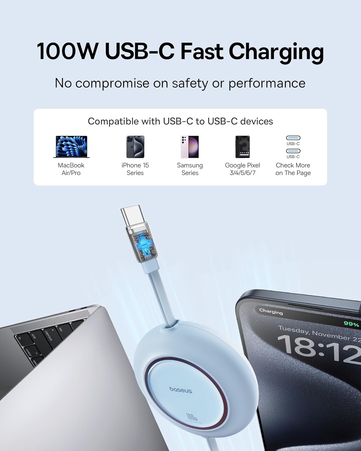 Baseus USB C to USB C Cable, 100W 6.6ft Retractable USB C Fast Charging Cable, 7-Stage Length Preset Retractable Charger Cord for iPhone 16 15 Pro Plus Pro Max, MacBook, iPad Pro, Samsung S24/S23+