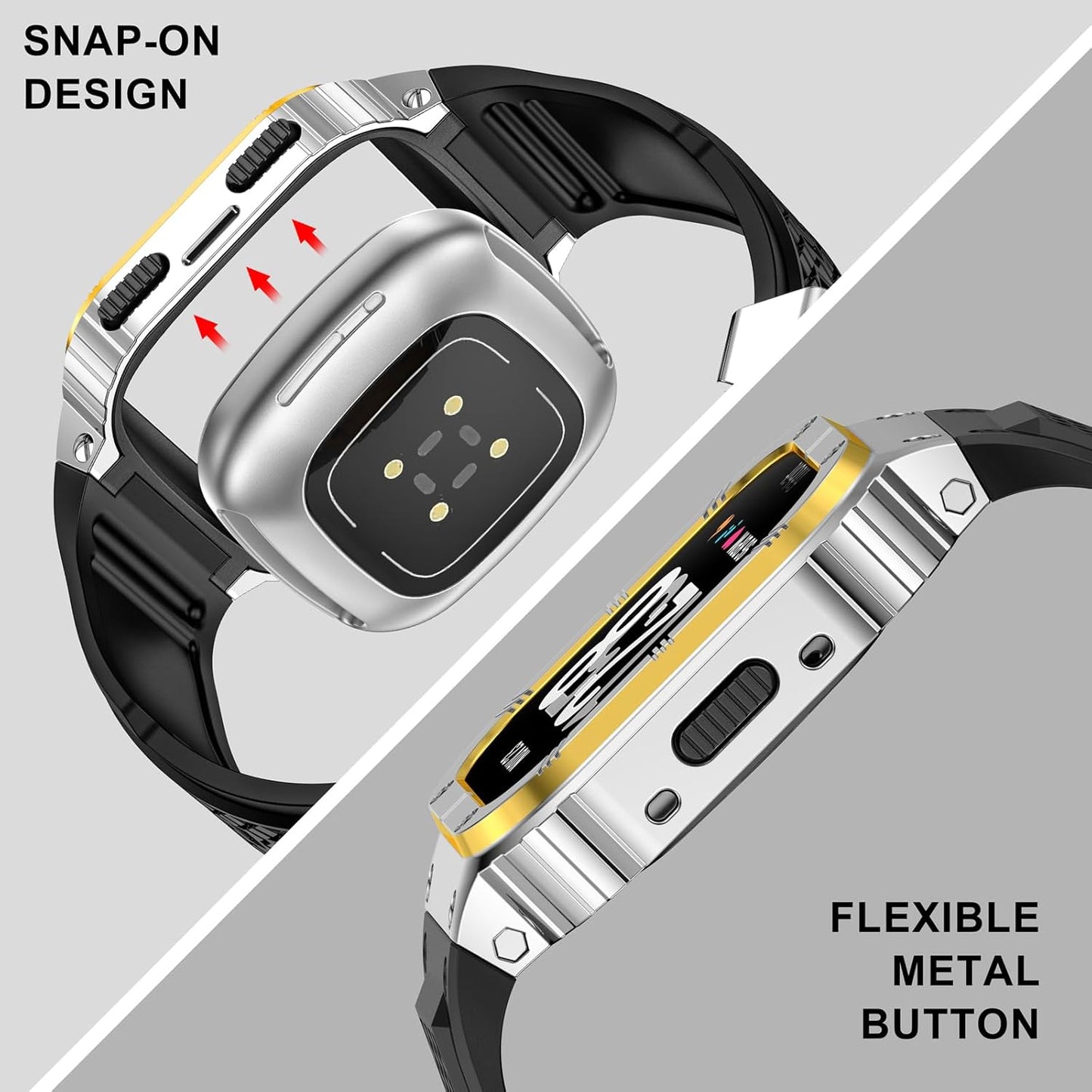 MioHHR Stainless Steel Case and Band Compatible with Fitbit Versa 4/3/2/Lite/Sense/Sense 2 Bands with Metal Case, Rugged Sports Protector Cover Silicone Wristbands for Men, Silver/Gold