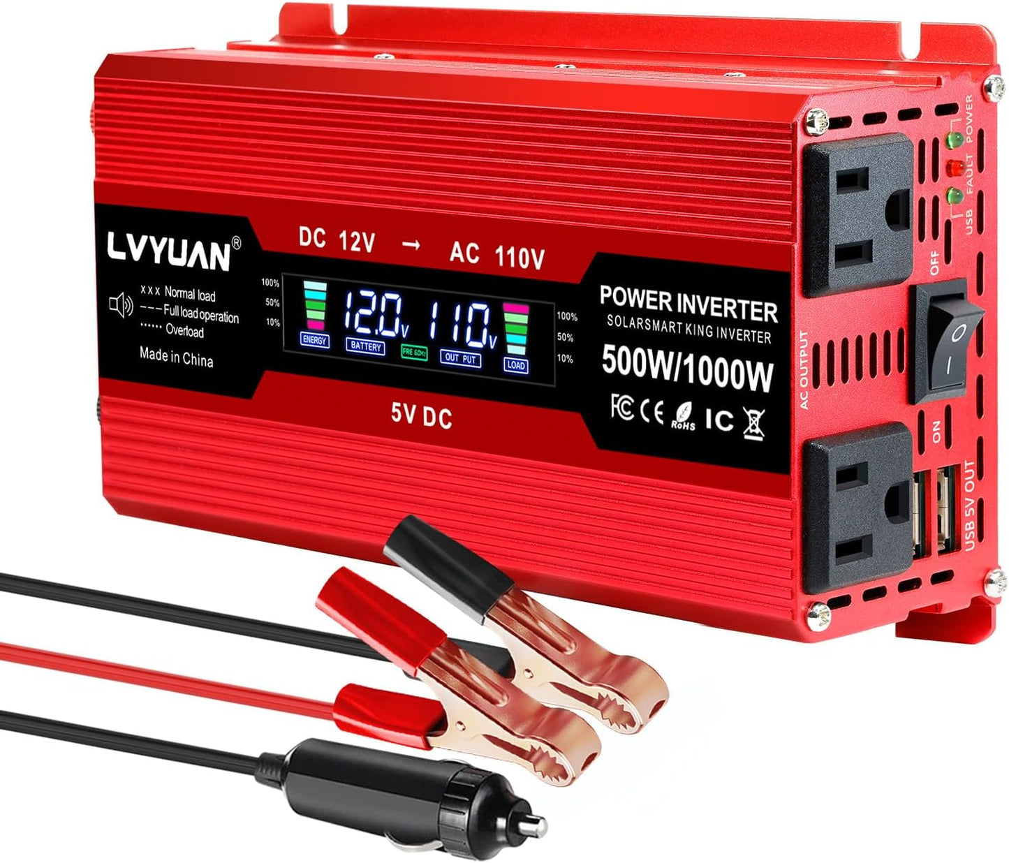 LVYUAN 500W Car Power Inverter 12V to 110V DC to AC with 2 US Sockets, Cigarette Lighter, LCD Display, USB Ports for Car, Home,Outdoor, Camping