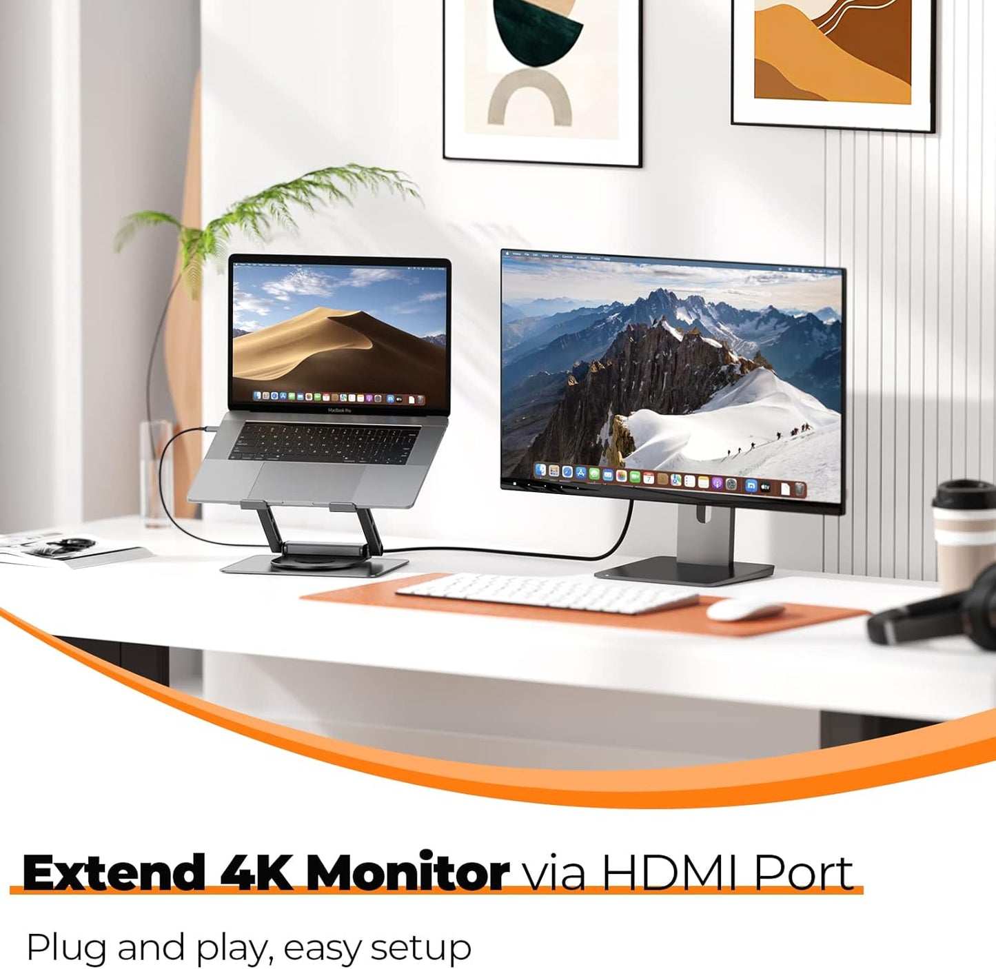 Tobenone Laptop Docking Station Stand for MacBook Pro/Air/Dell/HP/Surface/Lenovo, Mac Docking Station with 4K HDMI, USB 3.0, RJ45, PD 3.0, USB C Laptop Stand Hub for Desk with 360 Rotating Base Grey