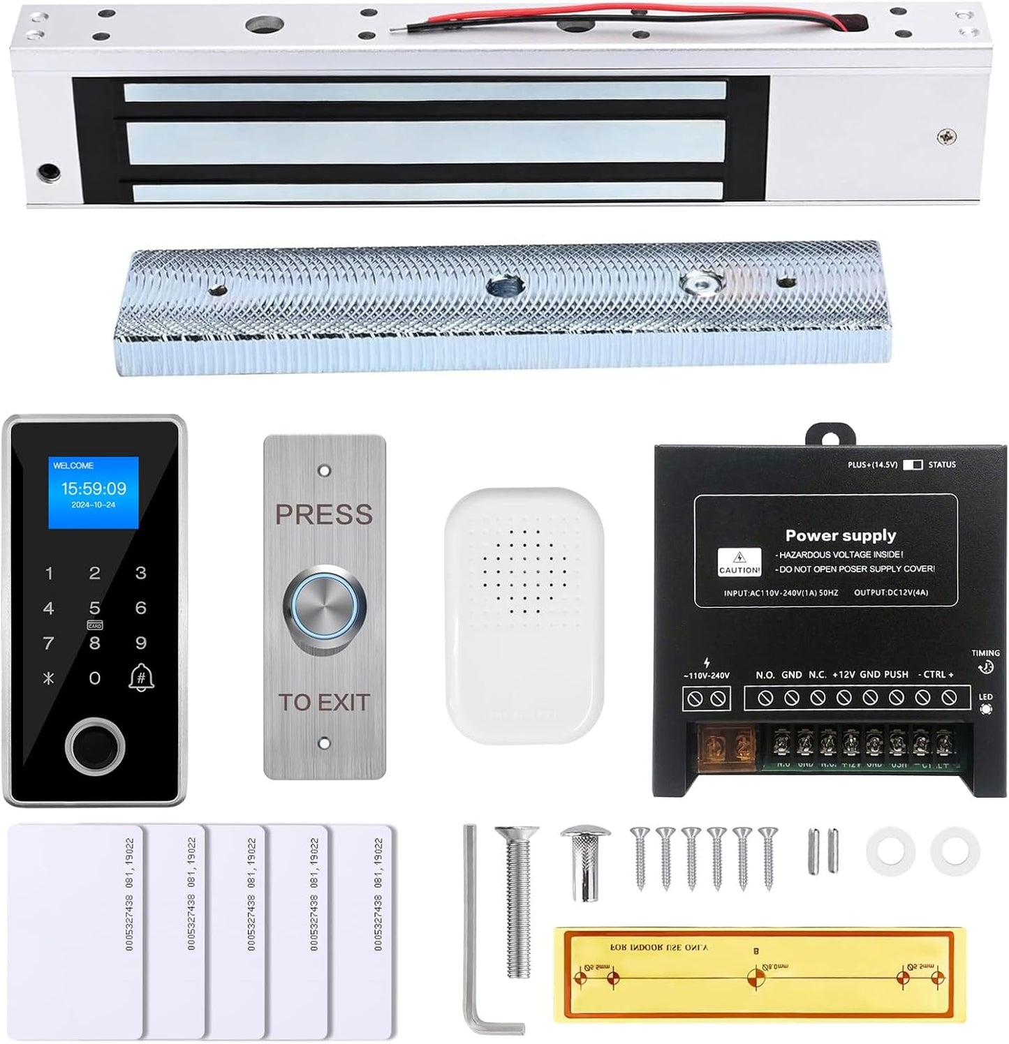 Waterproof Electric Magnetic Fingerprint Door Access Control Kit - 600 lb Holding Force, RFID Keypad/Reader, 5 ID Cards, 110V Power Supply & Metal Exit Button - Secure Lock System (K5EM-600LB KIt)
