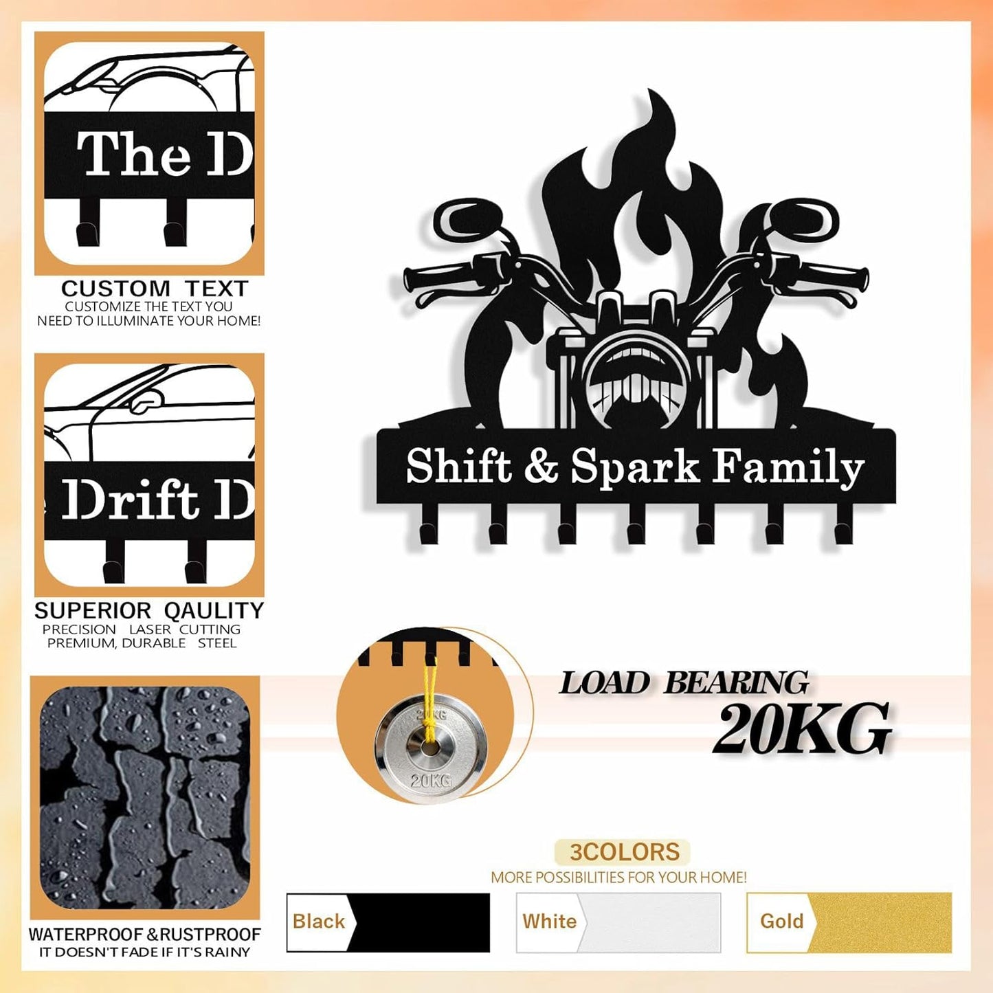 Personalized Flaming Motoclycle Key Holder Wall Mount, Custom Metal Key Rack Key Holder with name, Deer Cabin Wall Keys Hanger with Hooks for Entryway, Front Door, Hallway, Kitchen, Living Room